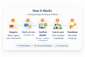 Diagram outlining 'How It Works' in five steps for pet care: Enquire, Quick call/video, Confirm details, Live-in care, Handover. Highlights verified sitters and secure service.